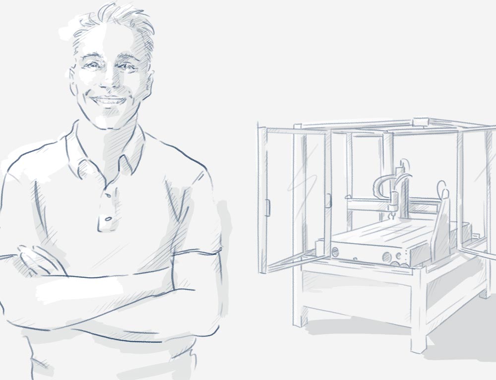 A drawn image of a man with folded arms smiles at the camera. In the background is a machine.